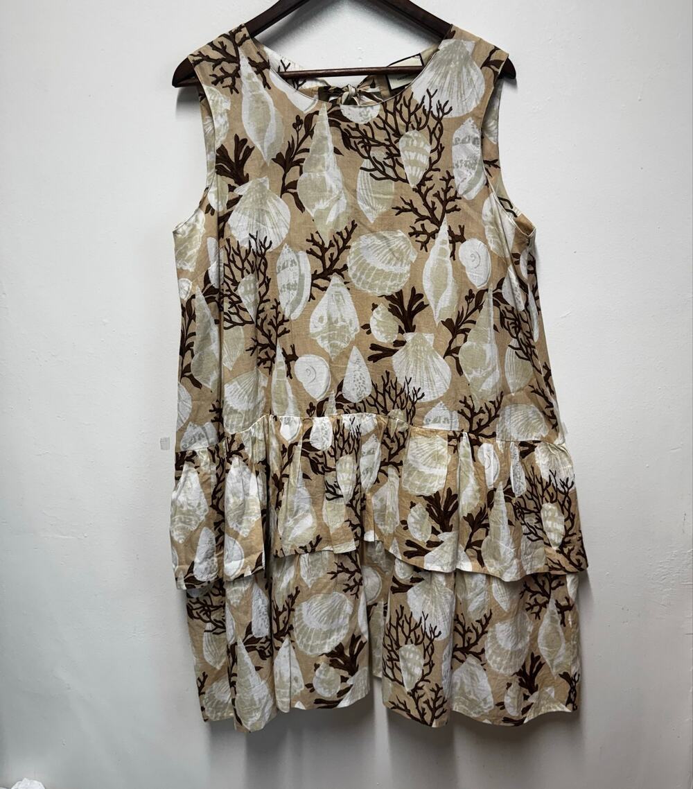 TuckerNuck Dress Women L Cotton Shell Coral Print Tiered Ruffle Coastal Nautical